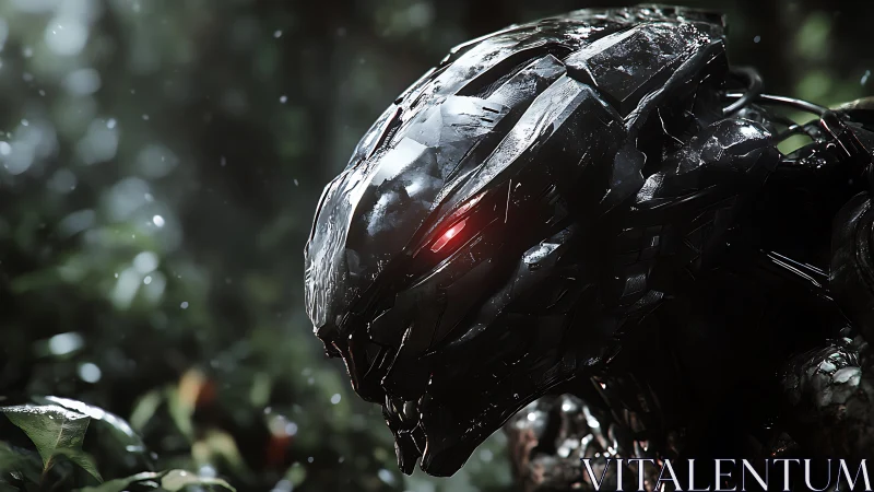 Cybernetic predator head with glowing red eye in jungle.
