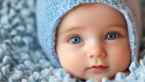 Infant in Blue Knit Cap with Blue Eyes.
