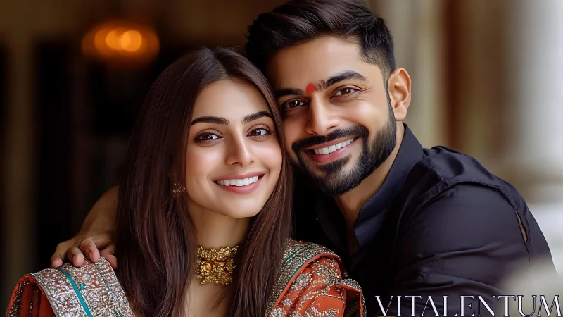Smiling couple in traditional attire share a warm embrace.