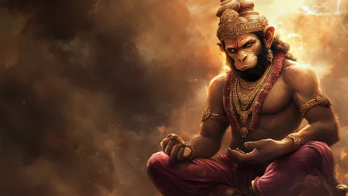 Divine monkey warrior sits in burning celestial cloudscape.