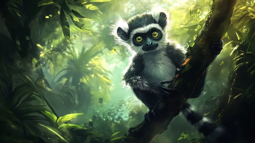Luminescent-eyed lemur clinging to mossy jungle branch.