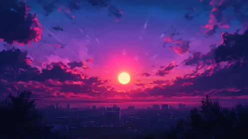 Neon clouds cradle a blazing city sunset in electric hush