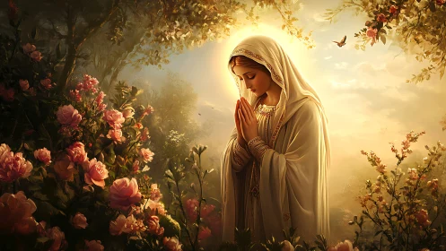 Sunlit prayer in a rose-kissed woodland sanctuary of peace.