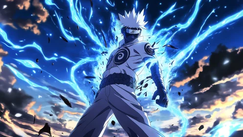 Electrified ninja warrior amid storm-lit dusk sky field