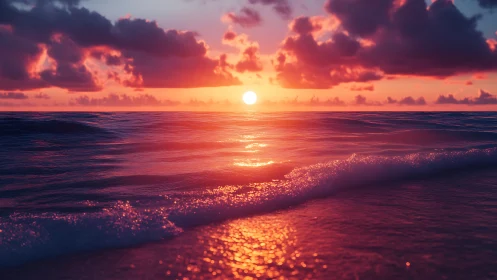 Gentle waves glow under a warm pink and orange sunset sky