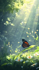 Digital painting of butterfly in luminous woodland glade.