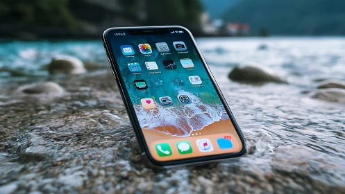 Modern Smartphone Glows Among Beach Stones