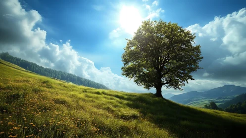 Sunlit hilltop guardian tree under roaming summer clouds.