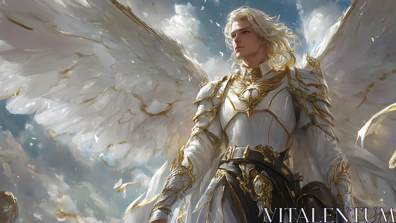 Winged armored figure in white and gold against cloudy sky.