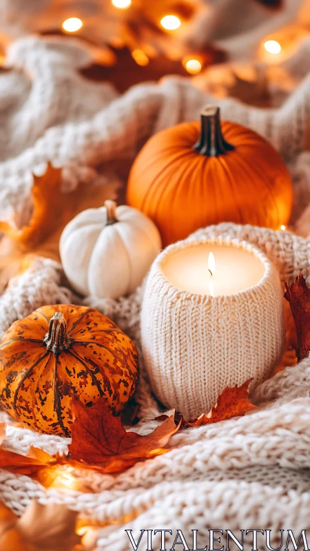 Autumn pumpkins and candle styled on knitted textile in bokeh light