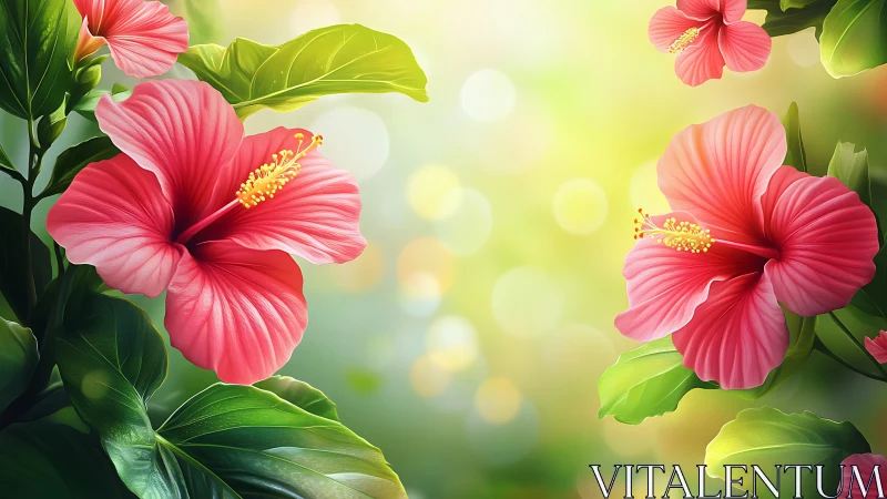 Vibrant Pink Hibiscus Blooms Glowing in Sunlight.