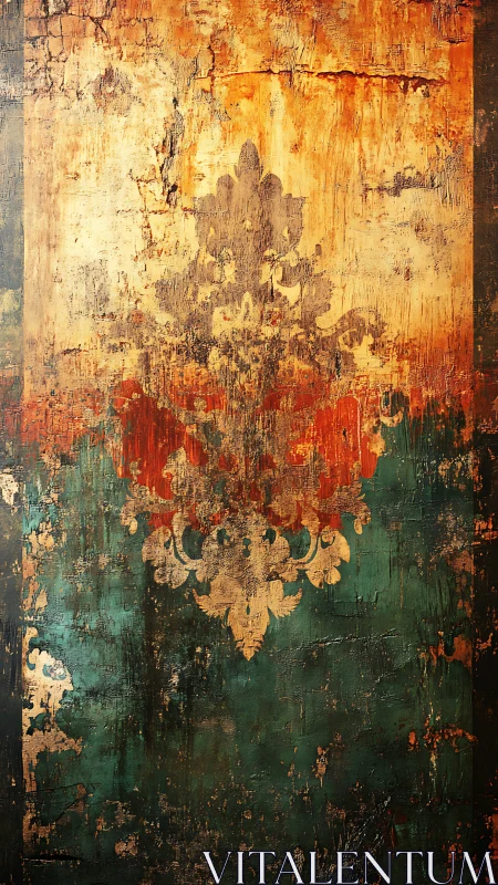 Weathered damask motif on textured rustic wall surface