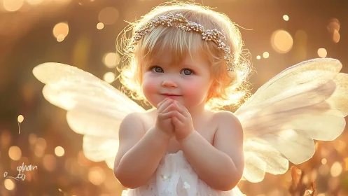 Baby in fairy costume stands in warm backlit outdoor scene