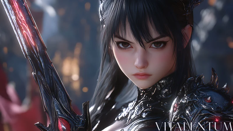 Dark armored anime warrior with glowing sword in focus.