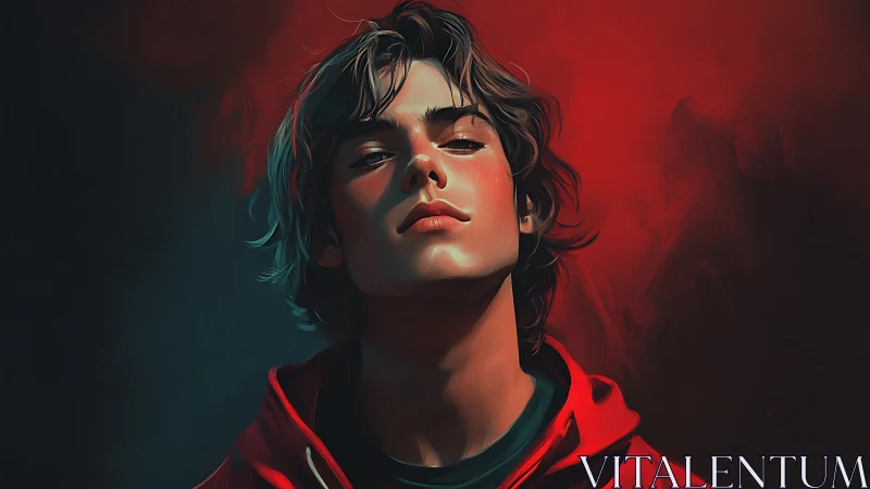 Brooding youth in red hoodie under cinematic split lighting.