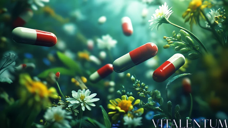 Pills drift like odd fruit through a luminous wildflower forest