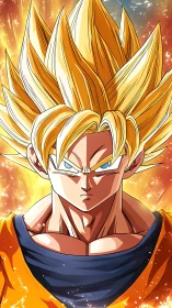 Anime warrior with golden spiked hair amid fiery aura.