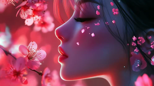 Side profile portrait with pink blossoms and petals.