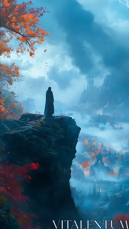 Cloaked wanderer surveys misty valley and distant citadel