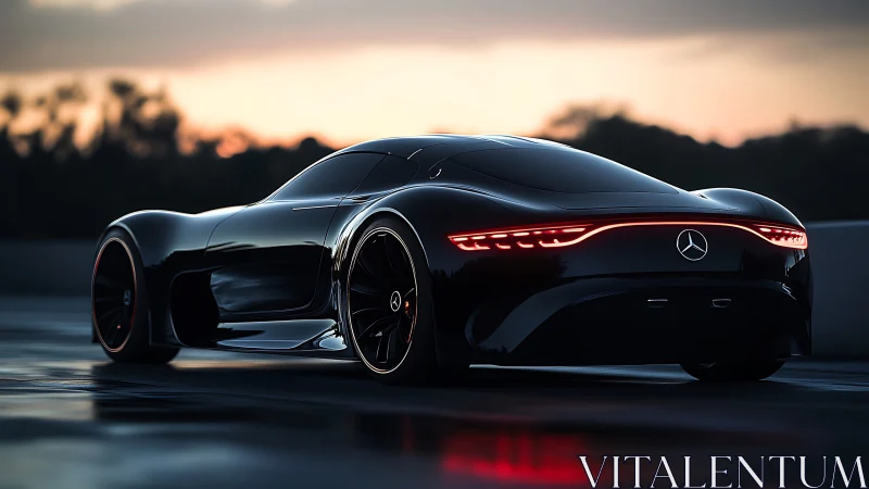 Mercedes concept hypercar glows under cinematic sunset sky.