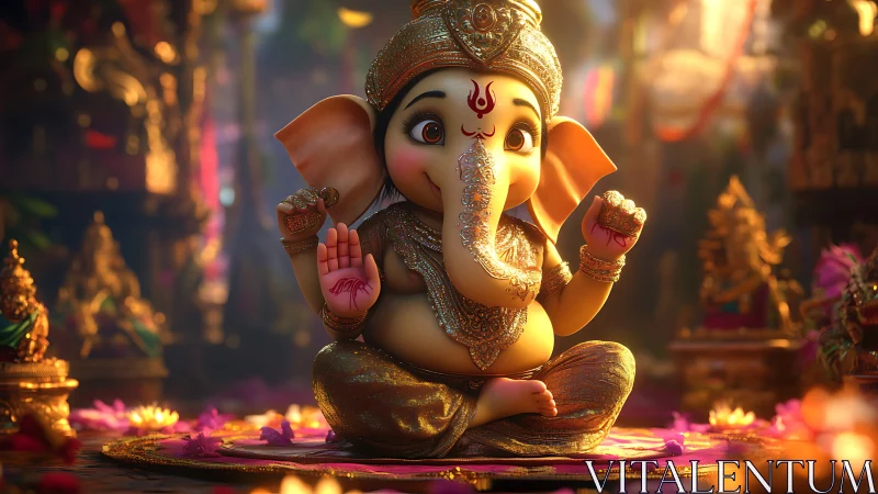 Playful baby Ganesha glowing in gentle temple light.