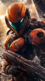 Armored sci fi soldier with rifle in urban conflict zone.