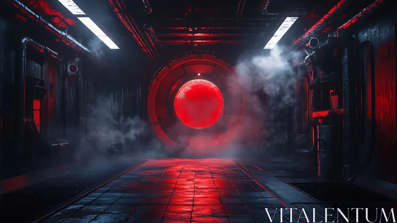 Red sci fi corridor with circular portal and dense steam.