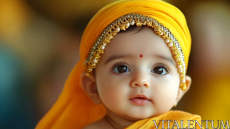 Photorealistic infant in ornamental gold headwear portraiture.