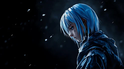 Melancholic blue haired anime figure in cold nocturnal rain