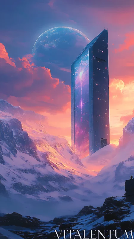 Celestial gateway tower rising from neon dusk glaciers.