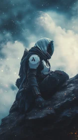 Hooded space sentinel on cliff in cinematic sci-fi composition.