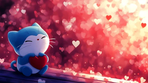 Blue felid character holding red heart against bokeh background