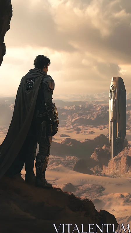 Lone space wanderer watching a silent desert monolith.