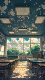 Sunlit anime classroom with cloud ceiling and empty desks.