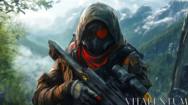 Hooded sniper stalks alpine ridge in tactical gear.