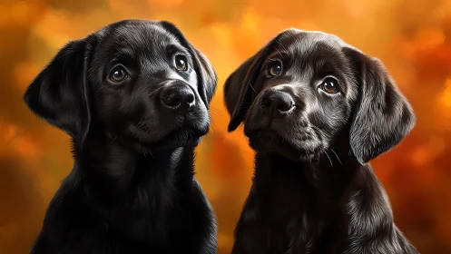 Two black Labrador puppies against blurred orange backdrop.