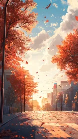 Sunlit autumn city street with drifting scarlet leaves.