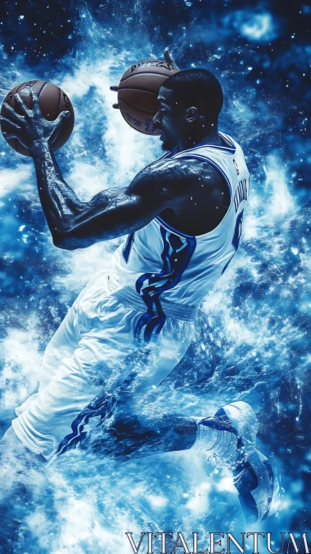 Basketball player suspended in blue cosmic energy field