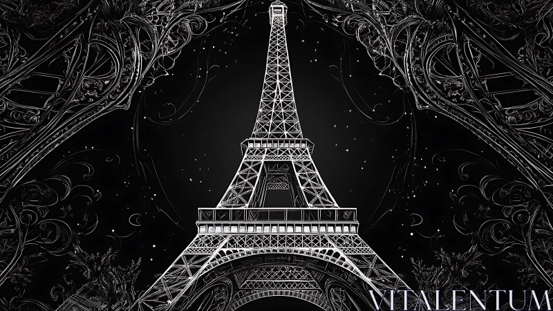 Starlit Eiffel Tower rises in ornate black and white night sky