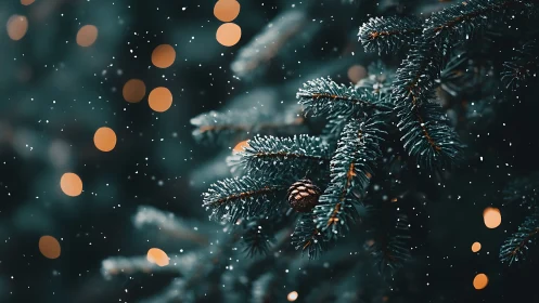 Snow-kissed pine branches glow with warm festive bokeh.