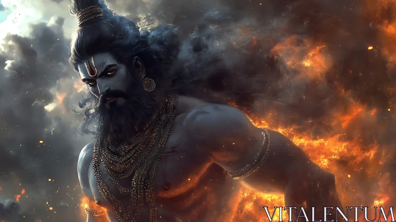 Storm-eyed fire god striding through molten dusk skies.