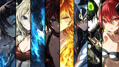 Elemental anime warriors align in a split-screen inferno of power.