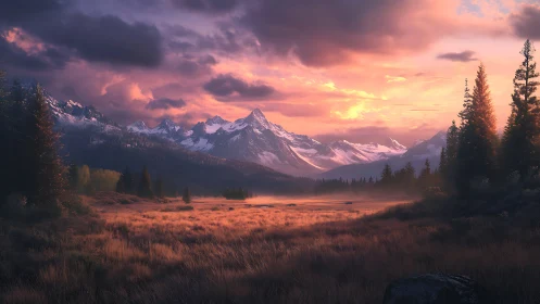 Sunset symphony over snowcrowned peaks and ember fields.