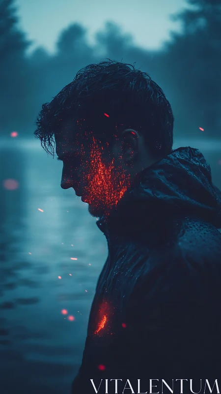 Moody lakeside portrait glowing with quiet inner embers.