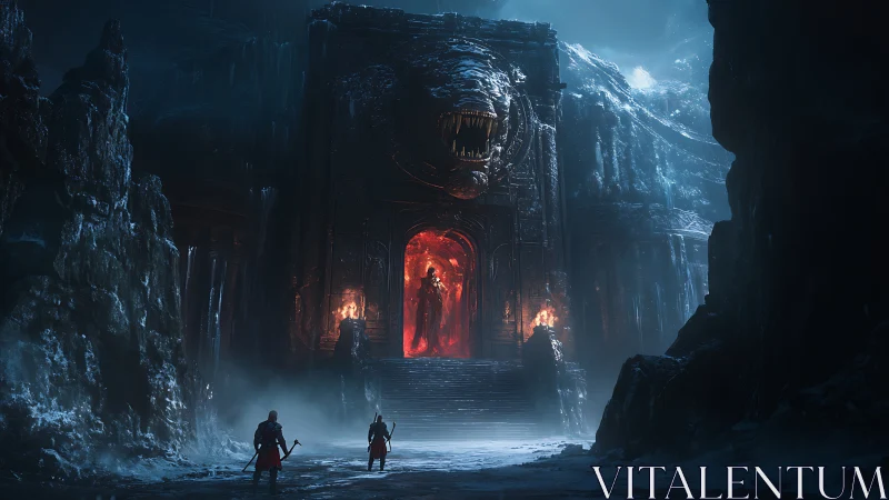 Frozen maw gateway and crimson warlord in stormed ruin.