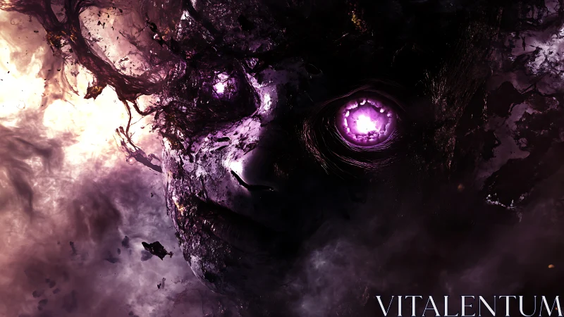 Fragmented humanoid face emerges within dense purple smoke