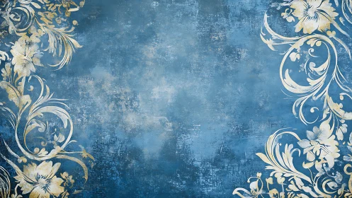 Vintage blue grunge background with ornate floral border frame