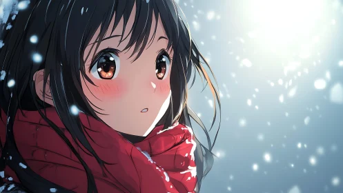 Snowlit blush and red scarf wonder on a winter hush.