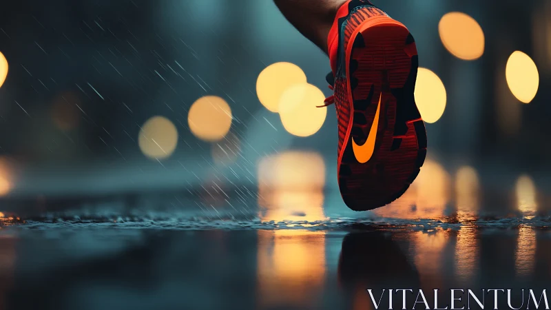 Runner strides through wet city street in neon sneakers.