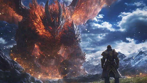 Armored warrior confronting colossal molten dragon titan.